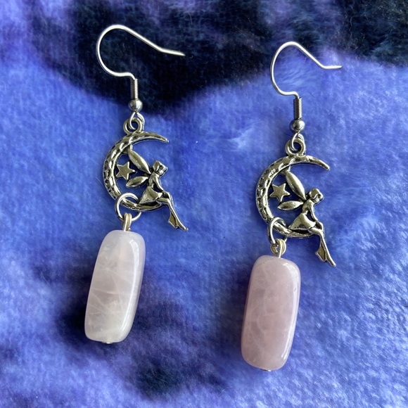 Fairy quartz earrings . Rose quartz silver moon fairy star dangly earrings - Picture 1 of 8